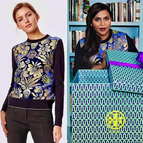 Tory Burch Hollis Cosmic Floral Velvet Foiled Gold Metallic Sweater Navy Blue S - Picture 10 of 12